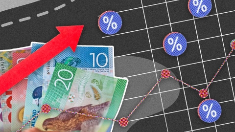 A composite image of a grid and shapes overlayed with a line chart with plot points, percentage signs, New Zealand money and an arrow.