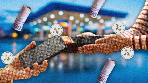A composite image of a blurred petrol station overlayed with two hands involved in a contactless payment surrounded by percentage icons and New Zealand money.