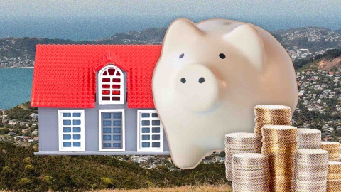 A composite image of Wellington in the background overlayed with coins, a piggy bank and a model house.