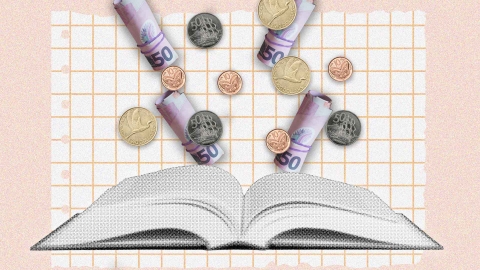 A composite image of a pink background and grid paper overlayed with New Zealand coins and notes and an open book.