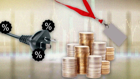A composite image of a graph background overlayed with an electrical plug, percentage icons, stacks of coins and a lanyard.