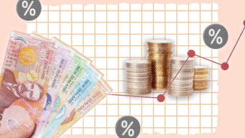 A composite image of a pink background with grid paper, overlayed with money, percentage signs and a line with dots.