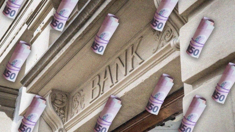 A composite image of an entrance to a historic bank overlayed with rolled up New Zealand money.