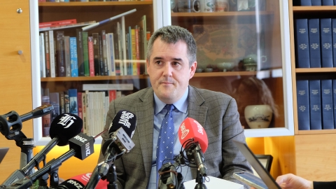 Housing Minister Chris Bishop speaks to media.