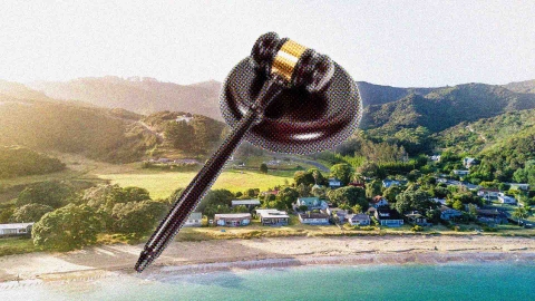A composite image of a New Zealand landscape overlayed with a judge's mallet.