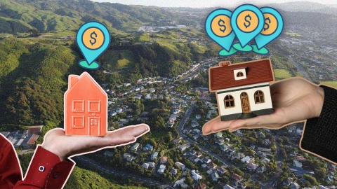 A composite image of a Wellington suburb overlayed with two hands holding model houses with map location pin icons featuring a dollar sign hovering above.