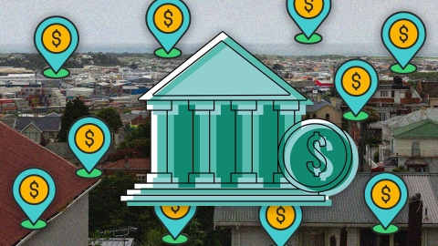 A composite image of Dunedin overlayed with a drawing of a bank and location pins with dollar signs. 