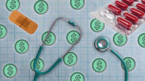 A composite image of grid paper overlayed with a stethoscope, a packet of pills, a plaster and dollar signs.
