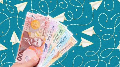 A composite image of a vector illustration made up of paper planes and swirls overlayed with a hand holding New Zealand bank notes.