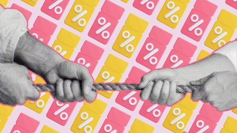 Bright 3D background of coupons in pink and yellow tones with percentage sign on them overlayed with hands holding onto a rope.