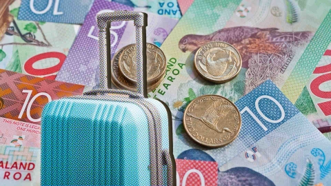 A composite image of New Zealand money overlayed with luggage