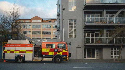 A fire truck parked outside of a building in Wellington.