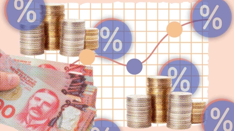 A composite image of grid paper overlayed with percentage signs, stacks of coins, a hand holding bank notes and a dot plot.