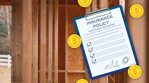 A composite image of a building site overlayed with a graphic insurance policy overlayed with dollar sign icons.