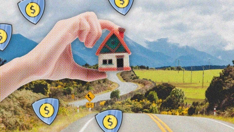 A composite image of a hand holding a model house surrounded by dollar sign logos over an image of State Highway 94 in New Zealand.