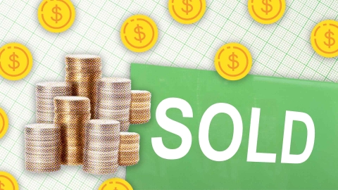 A composite image of grid paper overlayed with a sold sign, stacks of coins and dollar signs.