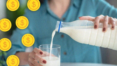 A composite image of someone pouring milk into a glass overlayed with dollar signs.