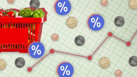A composite image of grid paper overlayed with a dot plot, percentage icons, New Zealand coins and a basket of groceries.