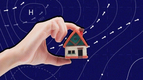 A composite image of a weather map overlayed with a hand holding a model house.
