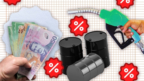 A composite image of grid paper overlayed with a hand holding New Zealand money, oil barrels and another hand holding a petrol nozzle, and percentage logos.
