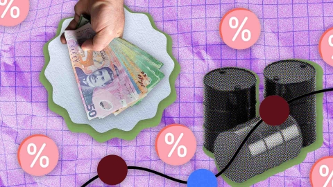 A composite image of grid paper overlayed with percentage icons, a dot plot, oil barrels and a hand holding New Zealand money.