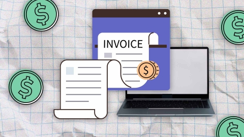 A composite image of grid paper overlayed with a laptop, dollar sign icons and an invoice graphic.