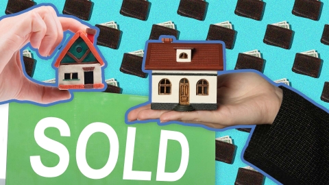 A composite image of a pattern of wallets with money overlayed with a sold sign and two hands holding model houses.