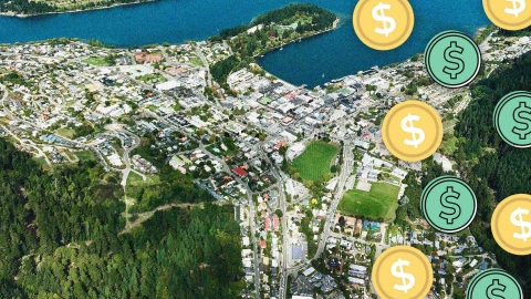 A composite image of Queenstown overlayed with dollar signs.