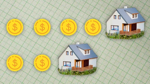 A composite image of green grid paper overlayed with dollar signs and model houses.