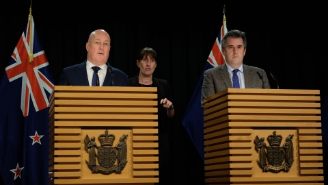 Prime Minister Christopher Luxon and Transport Minister Chris Bishop speak to reporters.