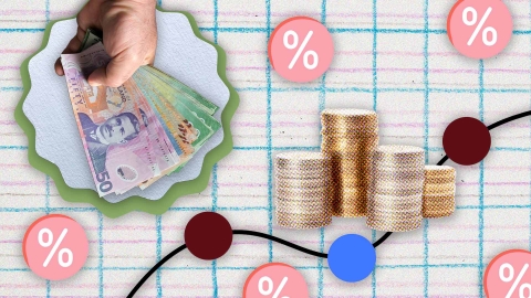 A composite image of blue and pink checkered paper overlayed with a dot plot, stacks of coins, a hand holding money and percentage icons.