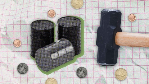 A composite image of oil barrels, New Zealand coins and a sledgehammer overlaying textured grid paper.