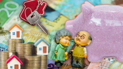 A composite image of NZ money overlayed with a piggy bank, miniature people, a stack of coins and miniature homes and a key with a house key chain.