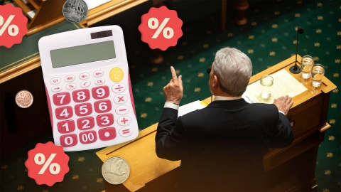 A composite image of New Zealand First leader Winston Peters, a calculator, percentage logos and New Zealand money.