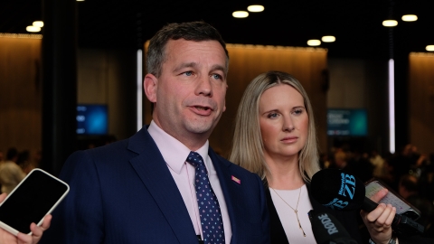 ACT Party leader David Seymour and ACT small business spokesperson Laura McClure speak to media.