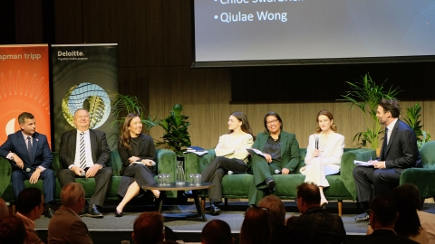 Politicians speak at an economics panel at BusinessNZ's election conference.