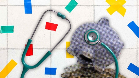 A composite image of colourful adhesive tapes on a white tile background overlayed with a piggy bank and a stethoscope