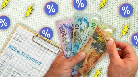 A composite image of grid paper overlayed with a bill on a clipboard, hands holding money, lightning bolt logos and percentage logos.