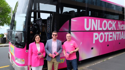 ACT candidate Parmjeet Parmar, leader David Seymour and candidate Todd Stephenson in front of Big Pinky. Image source: Mandy Te
