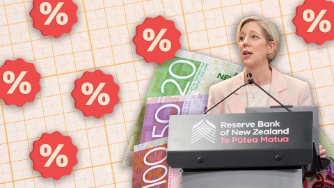 A composite image of RBNZ Governor Anna Breman speaking at a podium overlayed onto grid paper, New Zealand money and percentage signs.