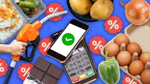 A composite image of a petrol pump hose, vegetables, fruit and takeaway meals, overlayed with an EFTPOS machine with an iPhone. 