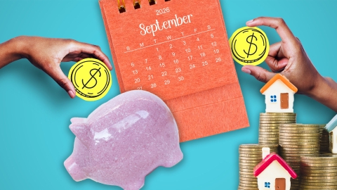 A composite image of hands holding drawn coins, a september 2026 calendar, stacks of coins with miniature homes on top and a pink piggy bank.