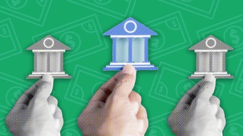 A composite image of a hand holding a bank building cut out overlayed on a green money background.