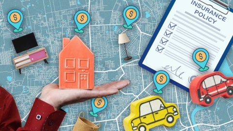 A composite image showing a map overlayed with items like a miniature house, cars, furniture and appliances with money icons on top of them and an insurance policy form.