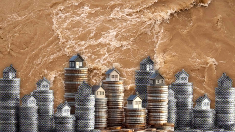 A composite image of brown flood water overlayed with miniature houses on stacks of coins.