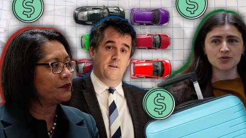 A composite image of Labour's Barbara Edmonds, National's Chris Bishop and Greens' Chlöe Swarbrick overlayed with dollar signs, luggage and miniature parked cars.